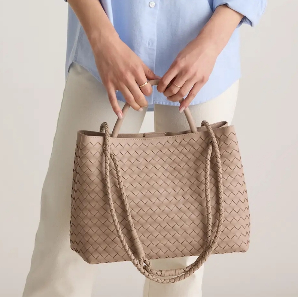 NWT QUINCE LARGE ITALIAN LEATHER HANDWOVEN SATCHEL TOTE BAG IN TAUPE - Picture 2 of 15